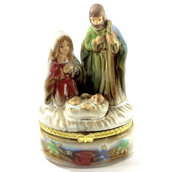 Ceramic Nativity Hinged Trinket Box Holy Family Scene Hand Painted 4” Christmas - Picture 1 of 6